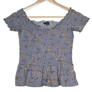 American Eagle Y2K Milkmaid Smocked Babydoll Top Size S Square Neck Ruffle Blue